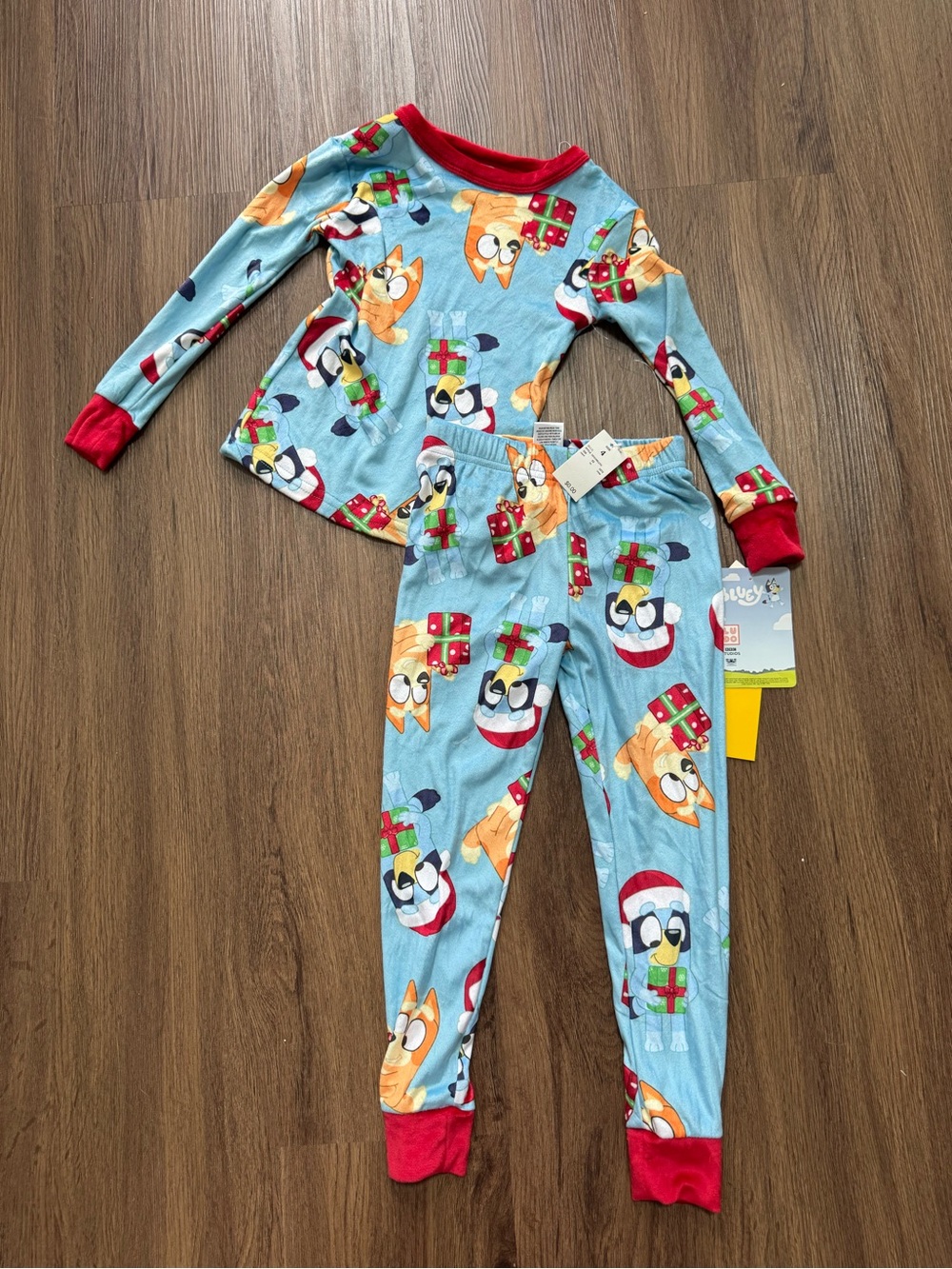 Bluey Kids Holiday Christmas Pajama Set - Light Blue with Red Trim